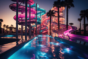 Water park in the evening in neon lighting in a luxury hotel with a swimming pool. Generated by artificial intelligence - obrazy, fototapety, plakaty
