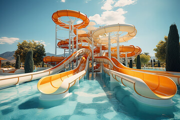 Water park, bright colorful slides. Water park without people on a summer day with a beautiful blue sky. Generated by artificial intelligence - obrazy, fototapety, plakaty