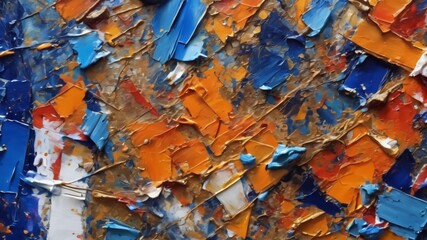 Closeup of abstract rough colorful blue orange multicolored art painting texture, with oil brushstroke, pallet knife paint, with square overlapping paper layers, complementary colors.Ai generative