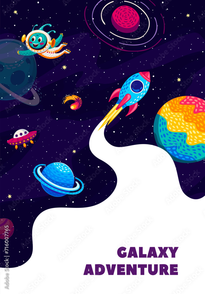 Poster galaxy adventure poster. rocket spaceship launch, alien character, ufo and starry galaxy landscape w