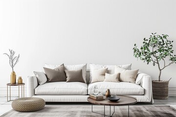 Modern living room design, minimal home decor with white sofa and neutral colors, interior mockup, 3d render - obrazy, fototapety, plakaty