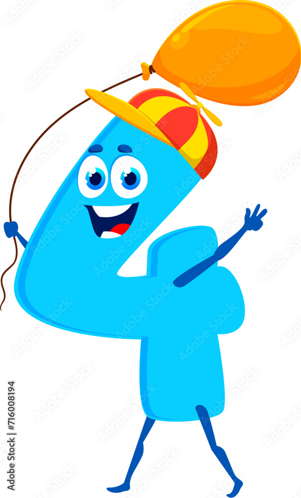 Poster cartoon funny math number four character. isolated cute vector playful 4 figure donning cap with pro