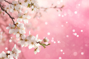 Spring pink border background with white blossom. Greeting card background with copy space