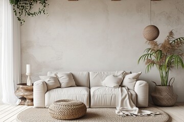 Fototapeta na wymiar Modern living room design, minimal home decor with white sofa and neutral colors, interior mockup, 3d render