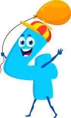 Cartoon funny math number four character. Isolated cute vector playful 4 figure donning cap with propeller holding balloon. Mathematics numeric baby personage with big round eyes, and cheerful smile
