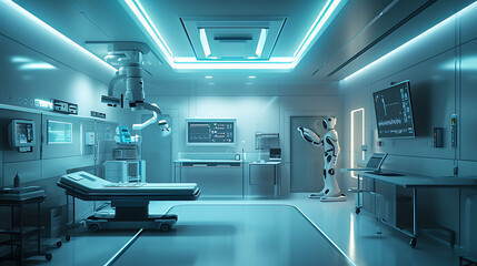 Uma sala de hospital moderna com equipamento futurista e monitores integrados ao design  O brilho suave das telas digitais ilumina o espaço criando uma atmosfera de tecnologia avançada e eficiência