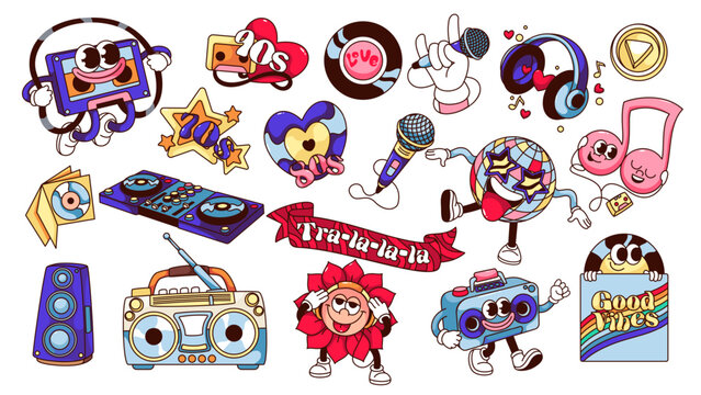 Groovy cartoon music characters and stickers set. Funny patch of of 70s 80s 90s music and culture, funky retro cartoon mascot of disco ball and flower with tongue, note and LP disk vector illustration