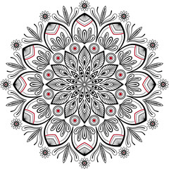 Black and red mandala vector illustration. Ornamental round lace ornament. Floral Indian ornaments for print. Ethnic colorful ornament on transparent background.