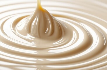 close up on stringy swirling milky fluid. abstract creamy texture, beige background.