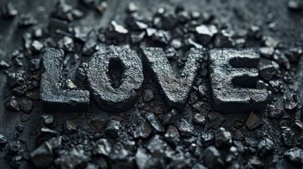 Carbon Love concept creative horizontal art poster. Photorealistic textured word Love on artistic background. Horizontal Illustration. Ai Generated Romance and Passion Symbol.