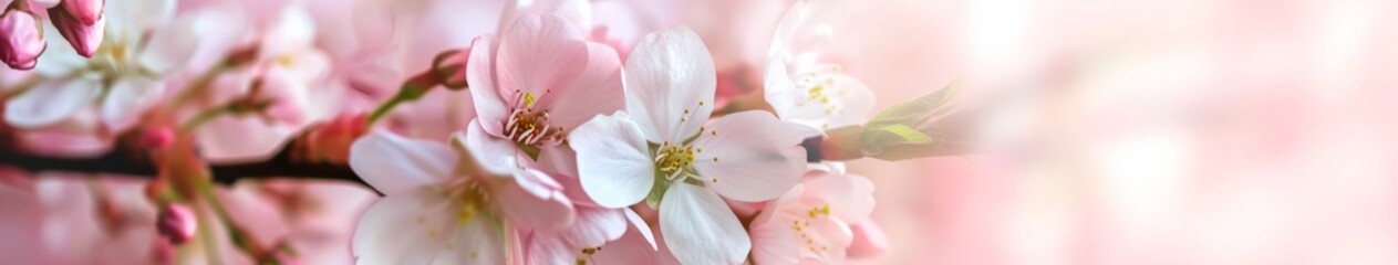 Fototapeta na wymiar Soft Pink Floral Spring Banner: Cherry Blossoms for Gentle and Serene Web Backgrounds