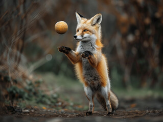 Fototapeta premium A Photo of a Fox Playing with a Ball in Nature
