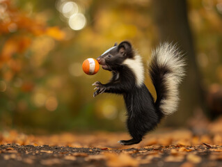 A Photo of a Skunk Playing with a Ball in Nature