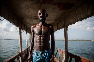 Fototapeta na wymiar A modern day African pirate who also works as a fisherman in a boat in the ocean
