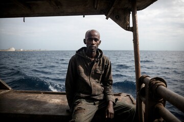 Obraz premium A modern day African pirate who also works as a fisherman in a boat in the ocean