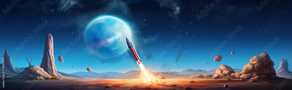 Sticker a rocket launching into space with a blue planet in the background generative ai