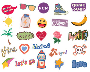 Happy colorful stickers set. vintage icons collection. 