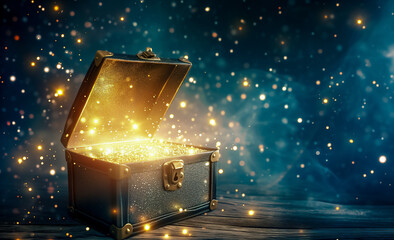 Open treasure chest filled with gold coins. Open an ancient treasure chest that bokeh light	