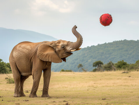 A Photo of an Elephant Playing with a Ball in Nature