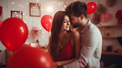 Beautiful young lovely couple at home. Hugging, kissing and enjoying spending time together while celebrating Saint Valentine's Day on background of air balloons in shape of heart.