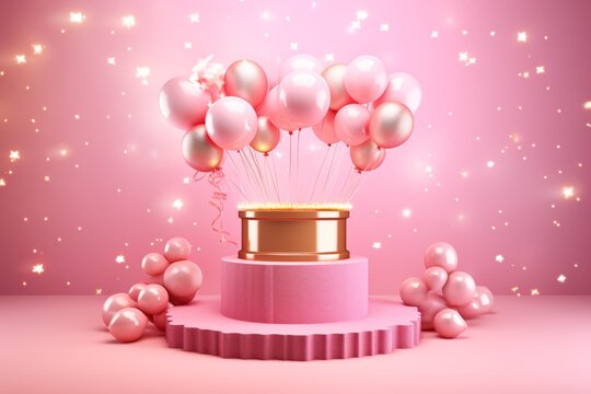 Pink balloon display with gold stars Generative AI