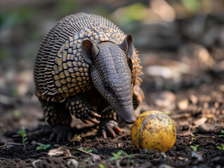 A Photo of an Armadillo Playing with a Ball in Nature