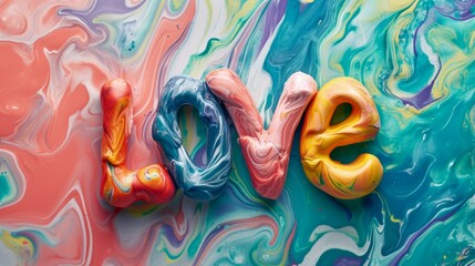 Fototapeta na wymiar Colorful Marble Love concept creative horizontal art poster. Photorealistic textured word Love on artistic background. Horizontal Illustration. Ai Generated Romance and Passion Symbol.