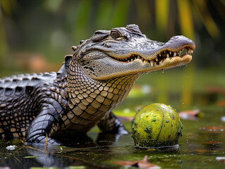 Fototapeta premium A Photo of an Alligator Playing with a Ball in Nature