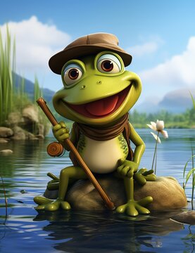 A cartoon frog sitting on a rock with a stick Generative AI