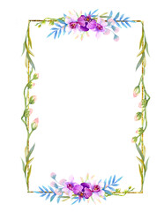 Изящная прямоугольная рамка с цветами и бутонами розовой орхидеи, акварельная иллюстрация
