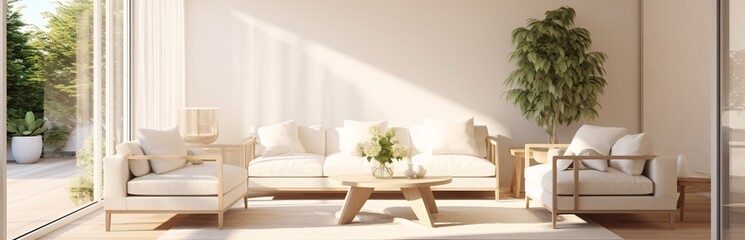 A white couch with a wooden coffee table and a vase of flowers Generative AI