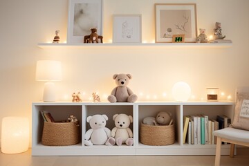 A white shelf with a teddy bear and other stuffed animals Generative AI