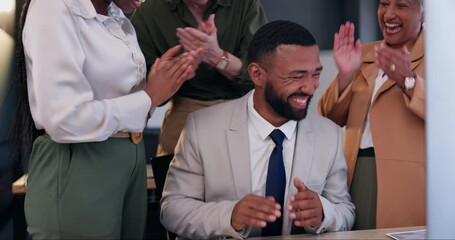 Man, winner and team support with applause in office, promotion or deal success with happiness and pride. Reward, award and target with business people clapping hands, loyalty and praise for goals