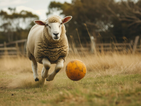 A Photo of a Sheep Playing with a Ball in Nature