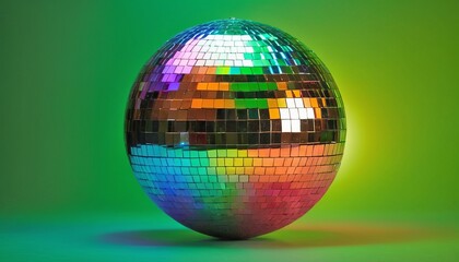 Disco or mirror ball with rainbow on green light background with lights and sparkles. Music and...