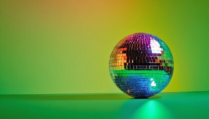 Fototapeta na wymiar Disco or mirror ball with rainbow on green light background with lights and sparkles. Music and dance party background. Postcard, poster, flyer, banner for St. Patrick's Day. retro 80s and 90s concept