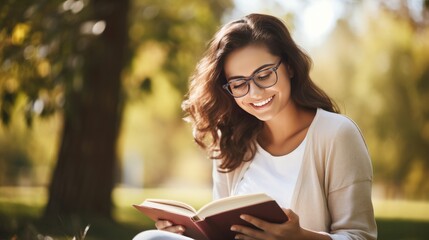 Cropped image of smiling brunette woman in eyeglasses reading book in park - obrazy, fototapety, plakaty