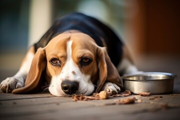 Sad beagle pet lying on floor at home. Sick dog has no appetite. Dry food is spread on the floor. Favorite pet feel bad, lonely. Veterinary concept of care, food, mood of domestic animals.