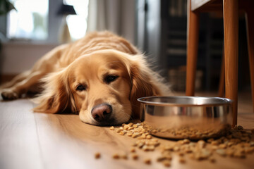 Sad corgi pet lying on floor at home. Sick dog has no appetite. Dry food is spread on the floor. Favorite pet feel bad, lonely. Veterinary concept of care, food, mood of domestic animals.