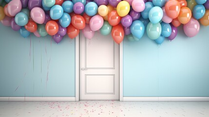 A room with a blue door and a bunch of balloons hanging on it Generative AI