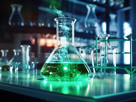 A green liquid in a glass beaker with a green glow Generative AI