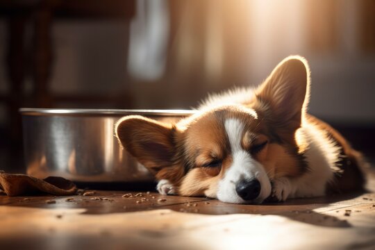 Sad corgi pet lying on floor at home. Sick dog has no appetite. Dry food is spread on the floor. Favorite pet feel bad, lonely. Veterinary concept of care, food, mood of domestic animals.