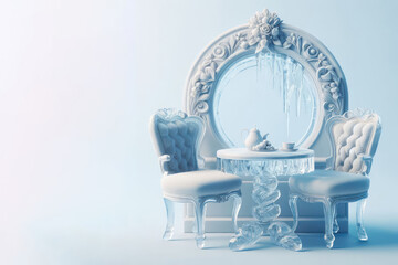 Ice table and chairs on mirror background. Space for text.
