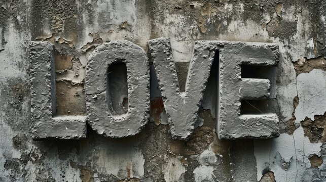 Concrete Love concept creative horizontal art poster. Photorealistic textured word Love on artistic background. Horizontal Illustration. Ai Generated Romance and Passion Symbol.