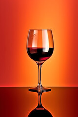 Elegant glass of red wine with reflection on orange background.