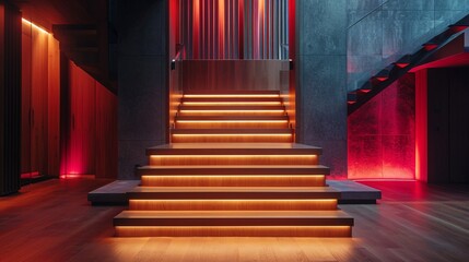 Fototapeta premium A grand wooden staircase in a contemporary home, illuminated by ruby-red lights, adding a rich, safe glow to the interior design. 8k