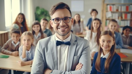 Obraz premium elegant teacher in a suit in a classroom with children with good lighting