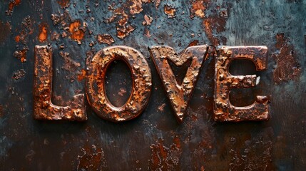 Copper Love concept creative horizontal art poster. Photorealistic textured word Love on artistic background. Horizontal Illustration. Ai Generated Romance and Passion Symbol.