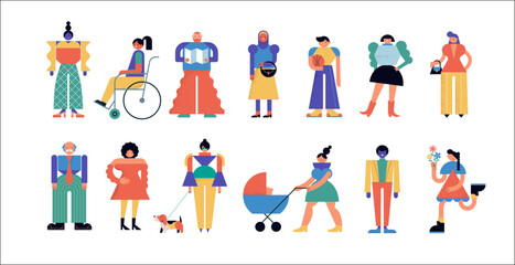 Collection of colorful people characters. Community, family or neighborhood standing together. Fun characters in geometric fun modern style. Colorful concept design.
