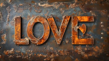 Copper Love concept creative horizontal art poster. Photorealistic textured word Love on artistic background. Horizontal Illustration. Ai Generated Romance and Passion Symbol.